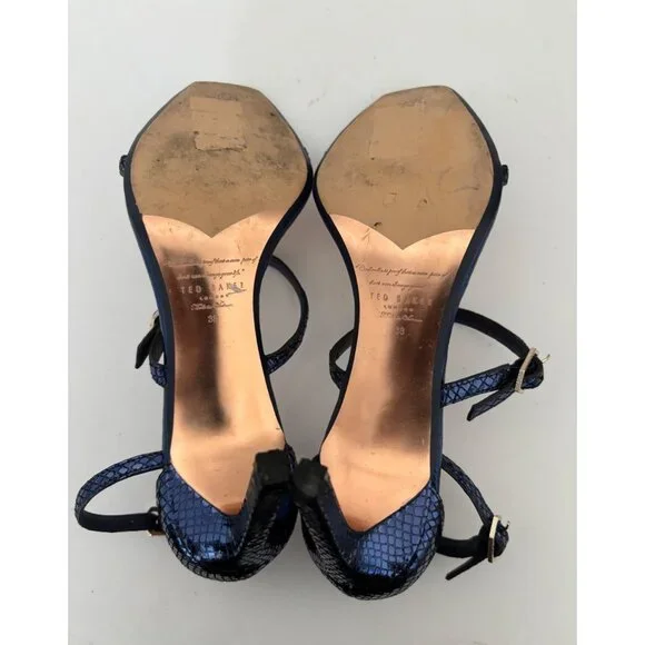 Ted Baker Heels 38 / US 7.5 Navy Strappy Heels Square Toe Ankle Strap Old Money - Picture 9 of 16